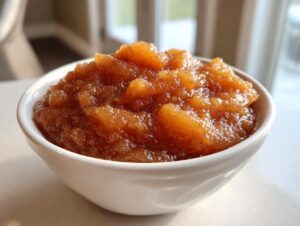 A close-up of a white bowl filled with chunky, warm homemade applesauce, lightly spiced.