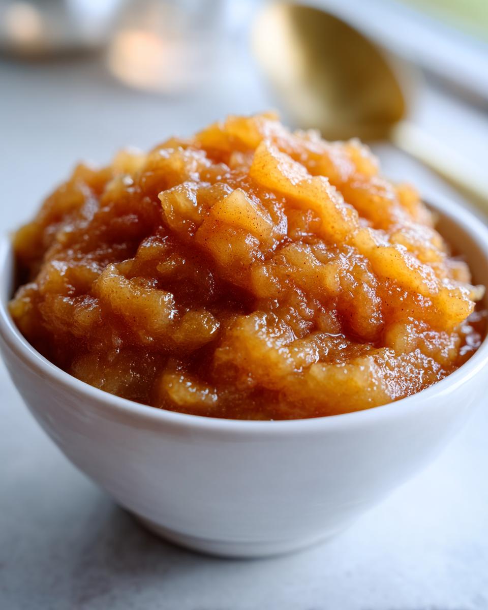 Close-up of a white bowl filled with chunky, cinnamon-spiced homemade applesauce.