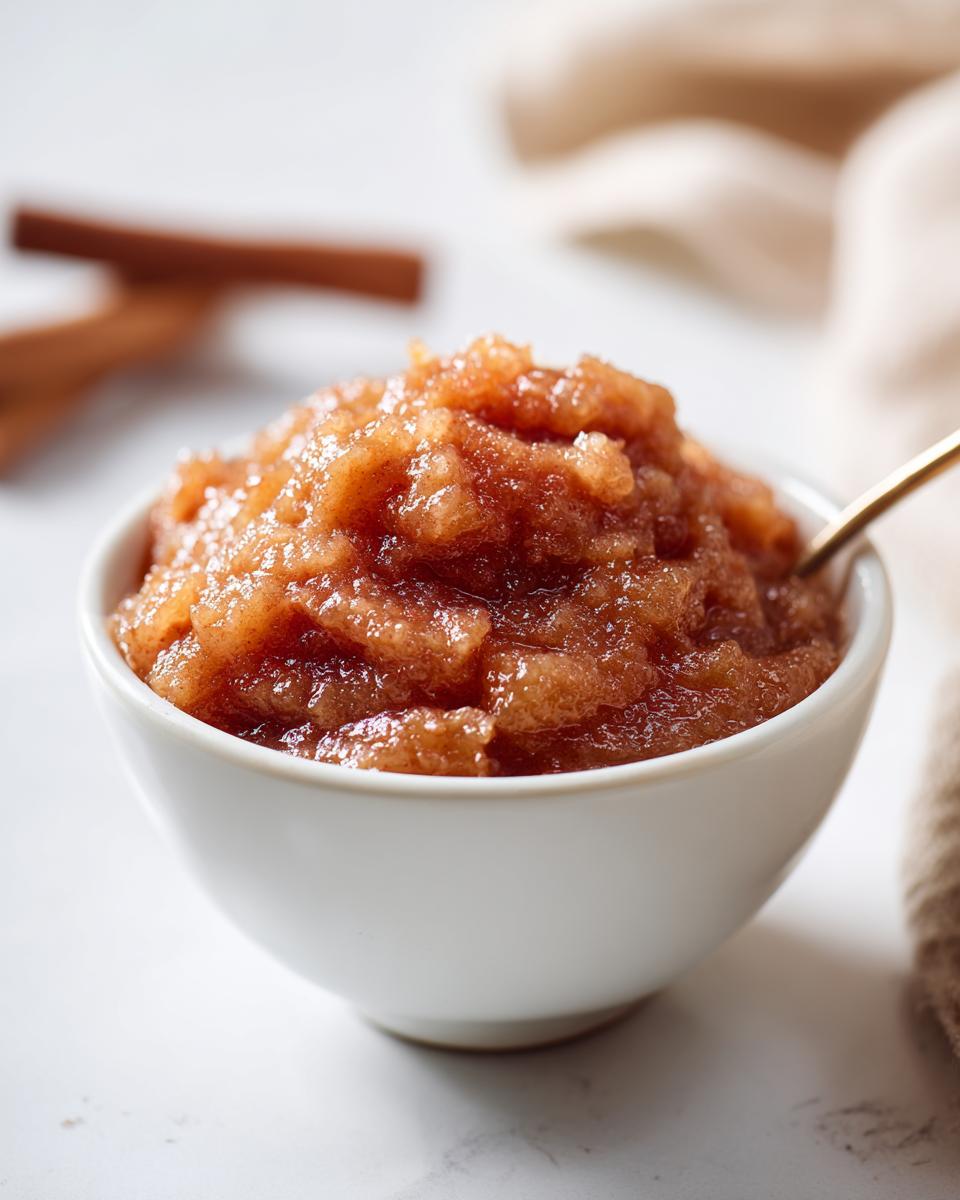 A white bowl filled with chunky homemade applesauce, with cinnamon sticks blurred in the background.