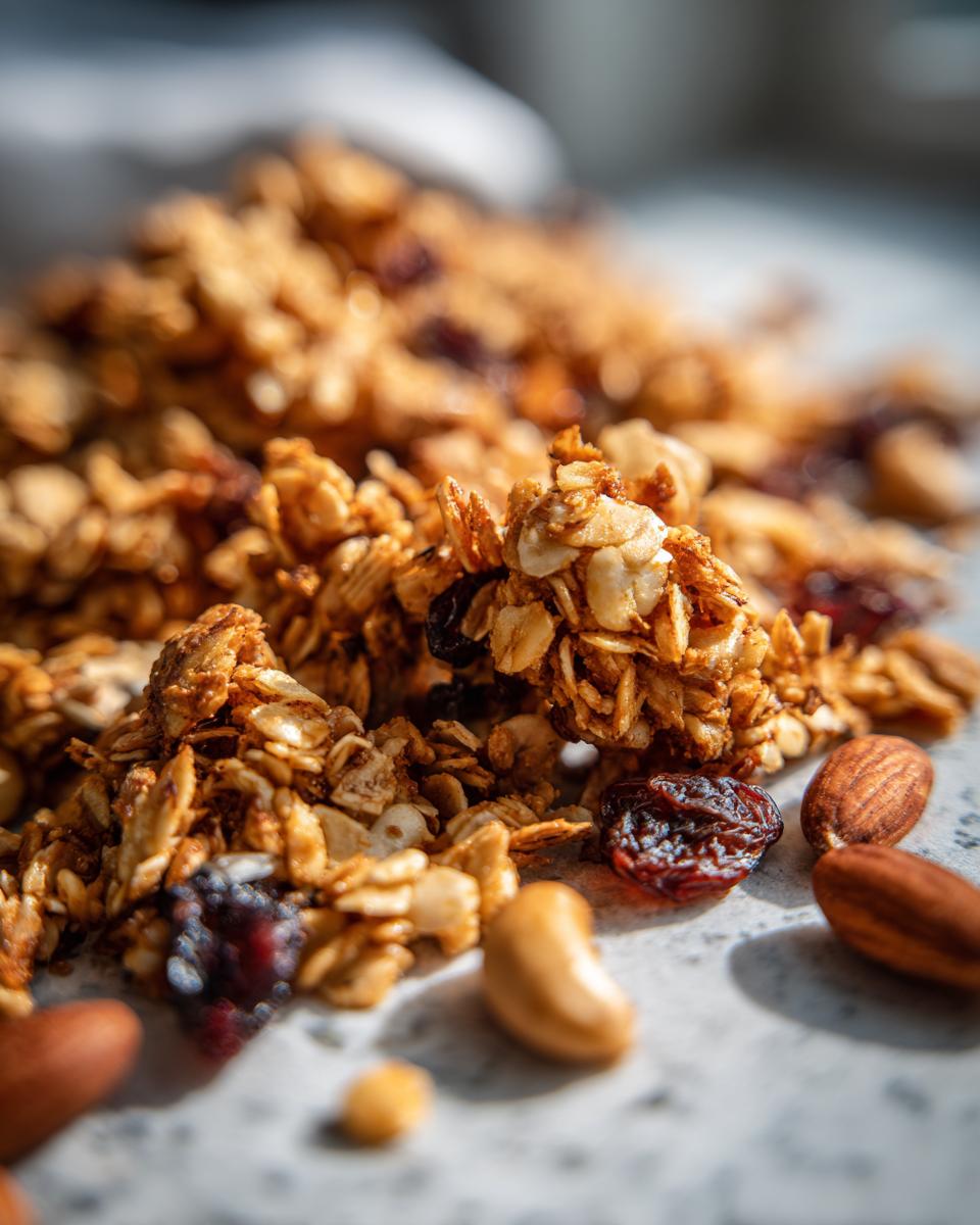 A close-up shot of a pile of golden brown homemade granola, featuring oats, dried cranberries, raisins, almonds, and cashews.
