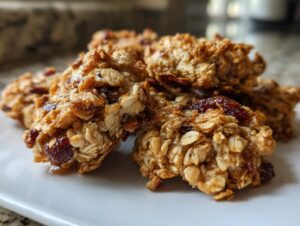 Close-up of golden brown homemade granola clusters with visible oats and dried cranberries on a white plate.
