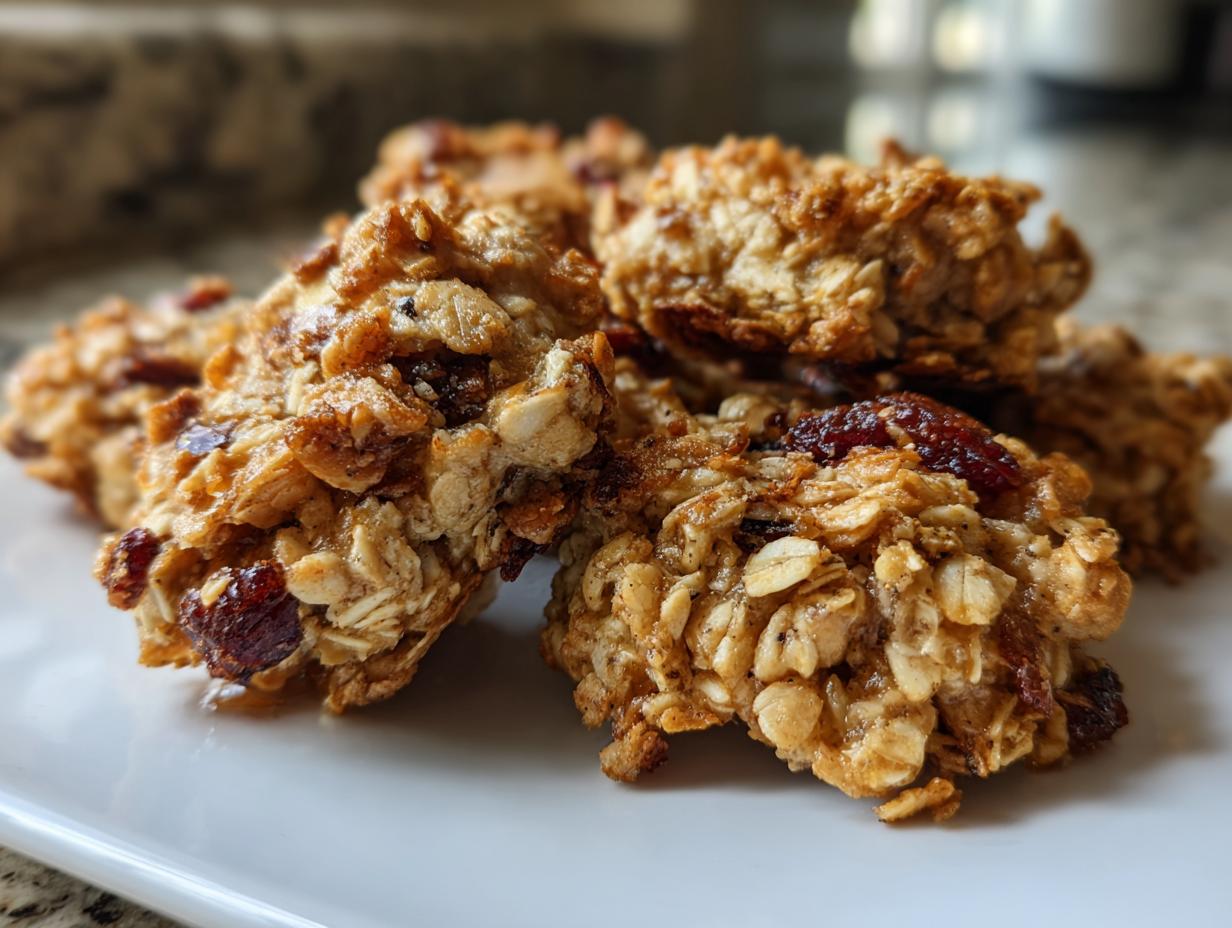 Close-up of golden brown homemade granola clusters with visible oats and dried cranberries on a white plate.
