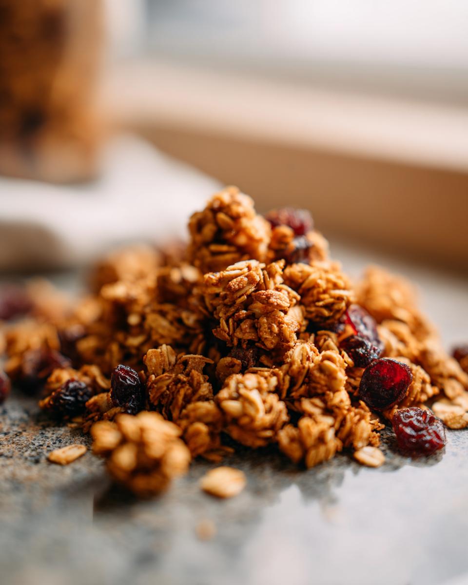 A close-up of a pile of golden homemade granola with dried cranberries scattered throughout.