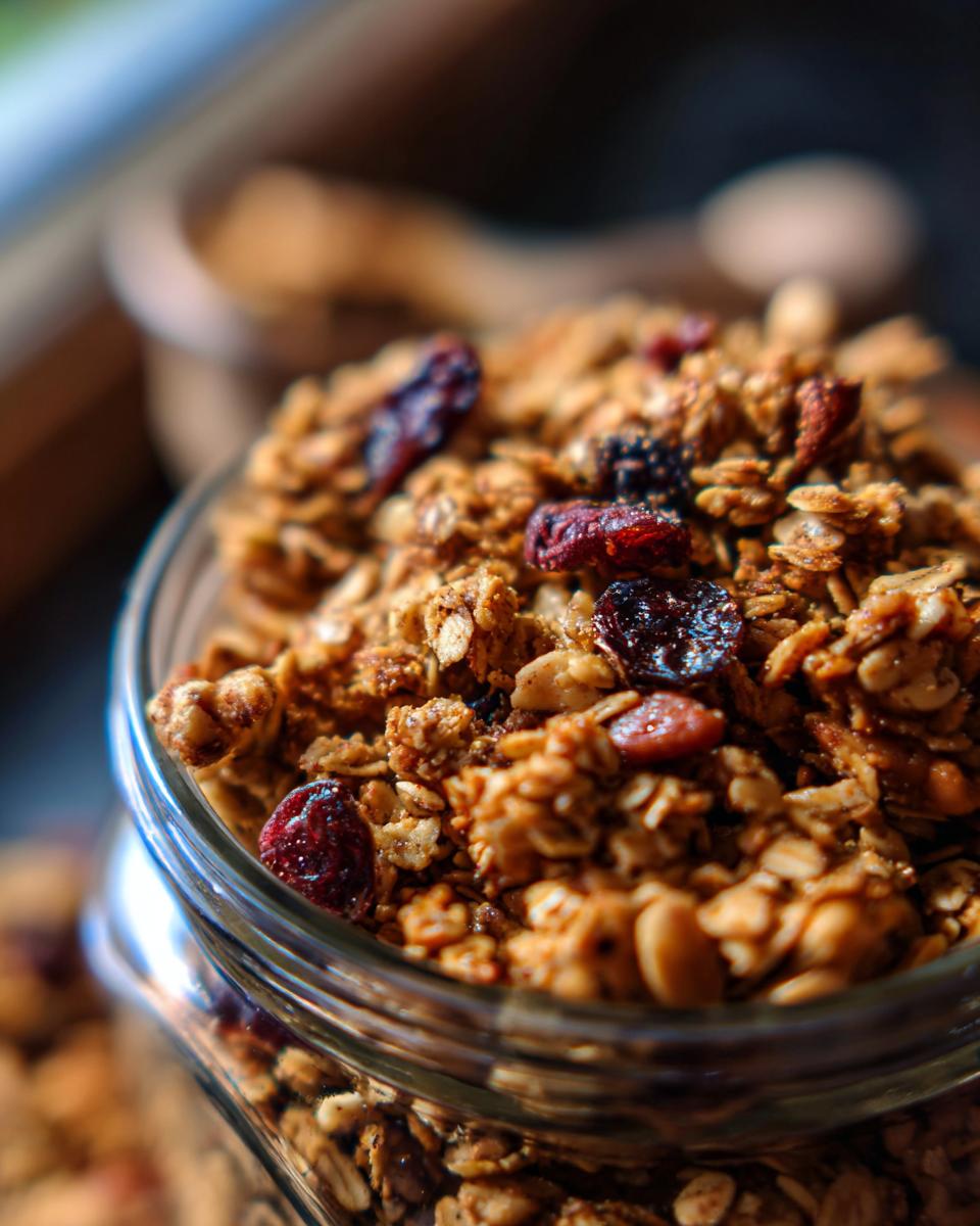 Close-up of delicious homemade granola with dried cranberries and nuts in a glass jar.