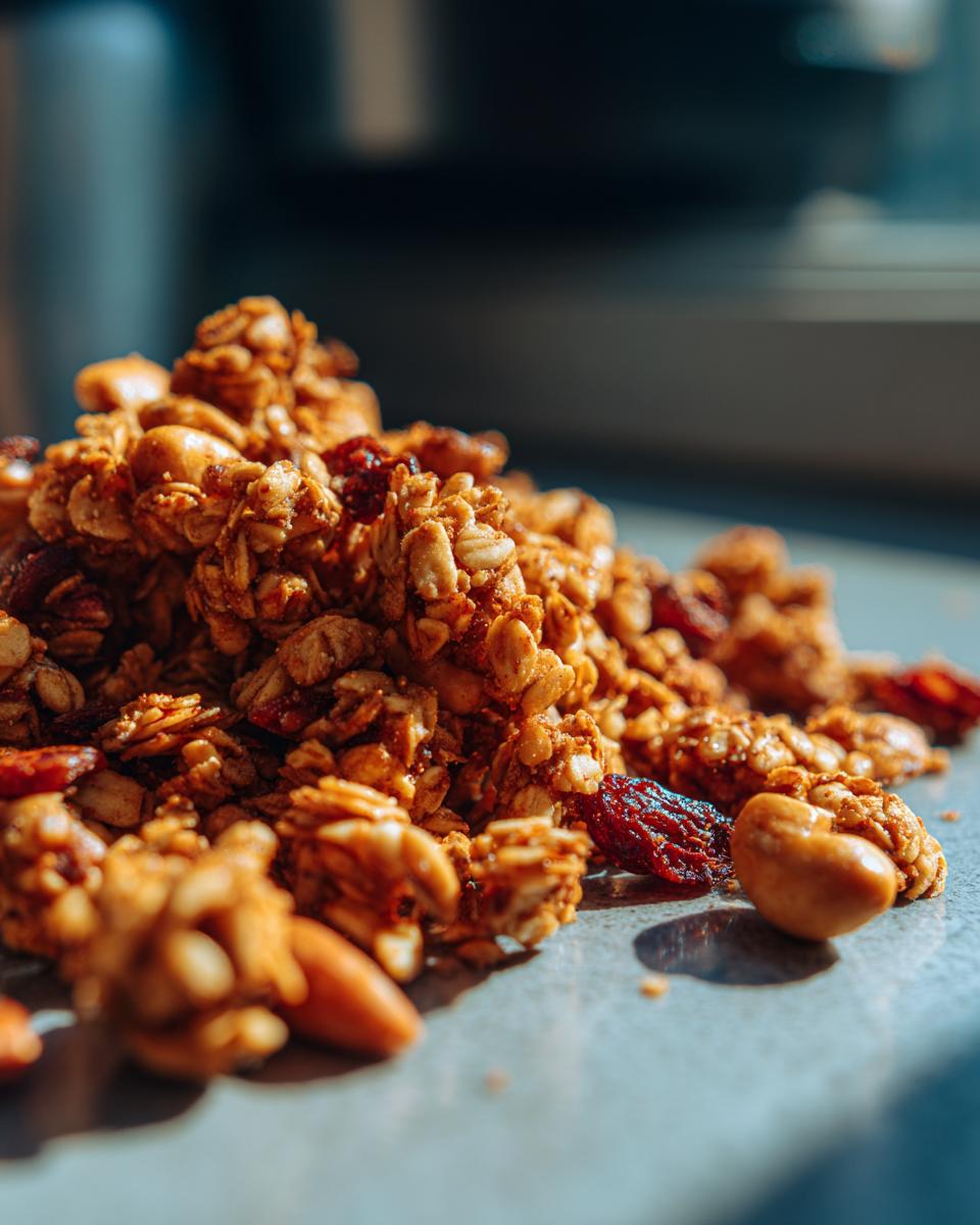 A close-up view of a pile of homemade granola, featuring oats, nuts, and dried cranberries.