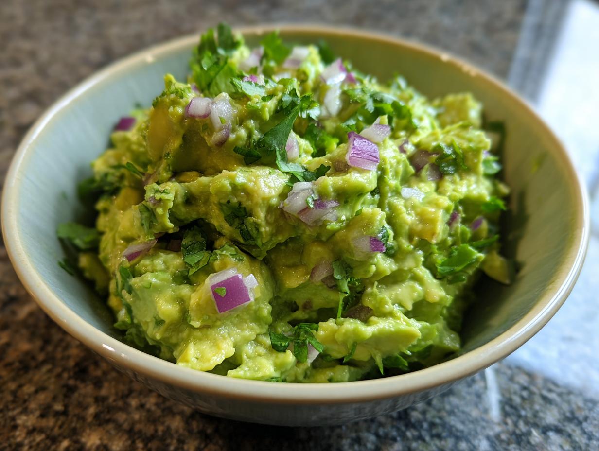 A close-up of a bowl filled with chunky, vibrant green homemade guacamole, topped with red onion and cilantro.