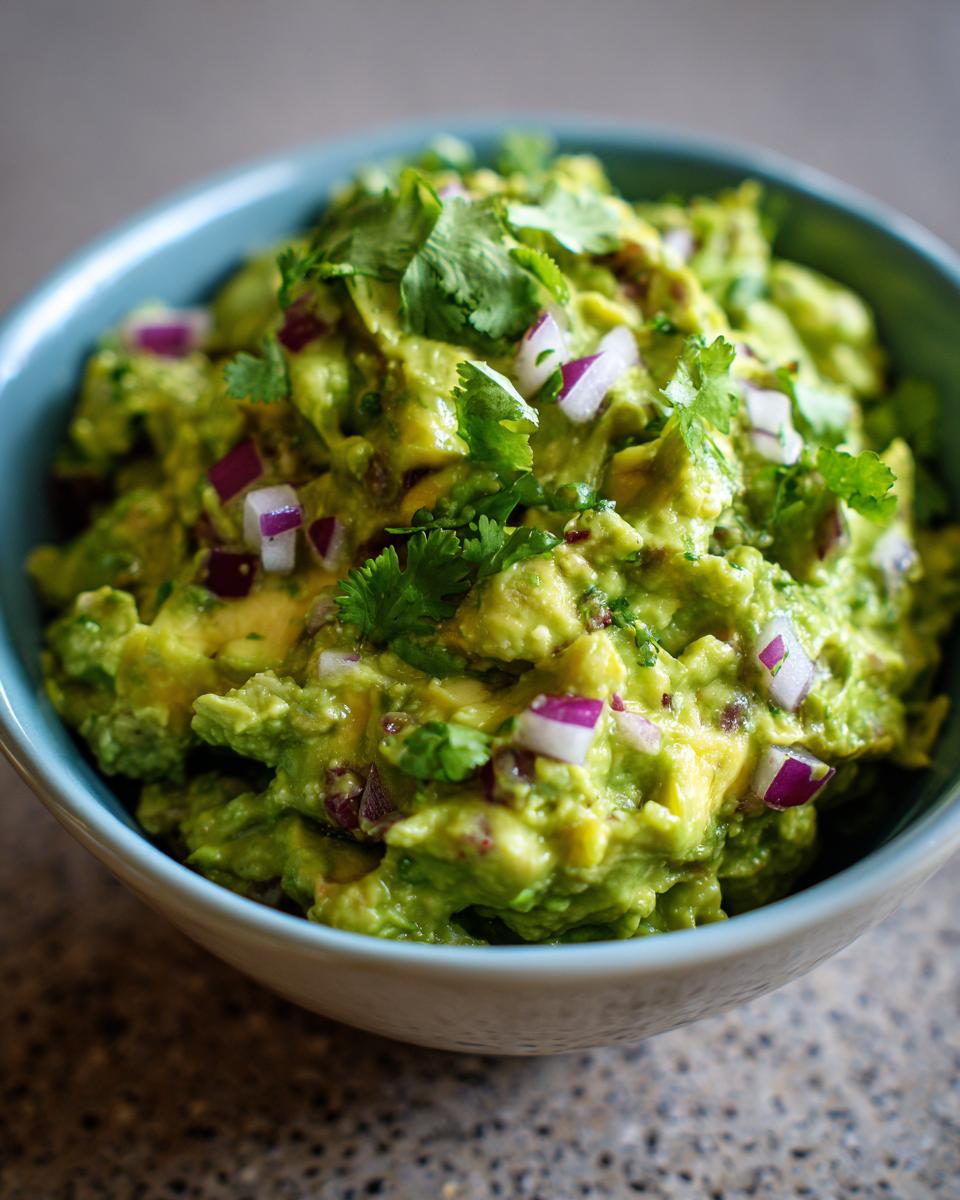 A close-up of a blue bowl filled with vibrant green homemade guacamole, topped with red onion and cilantro.