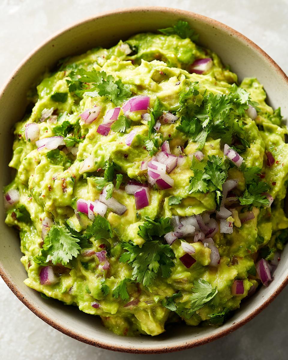 A close-up of a bowl of vibrant green homemade guacamole, topped with chopped red onion and fresh cilantro.