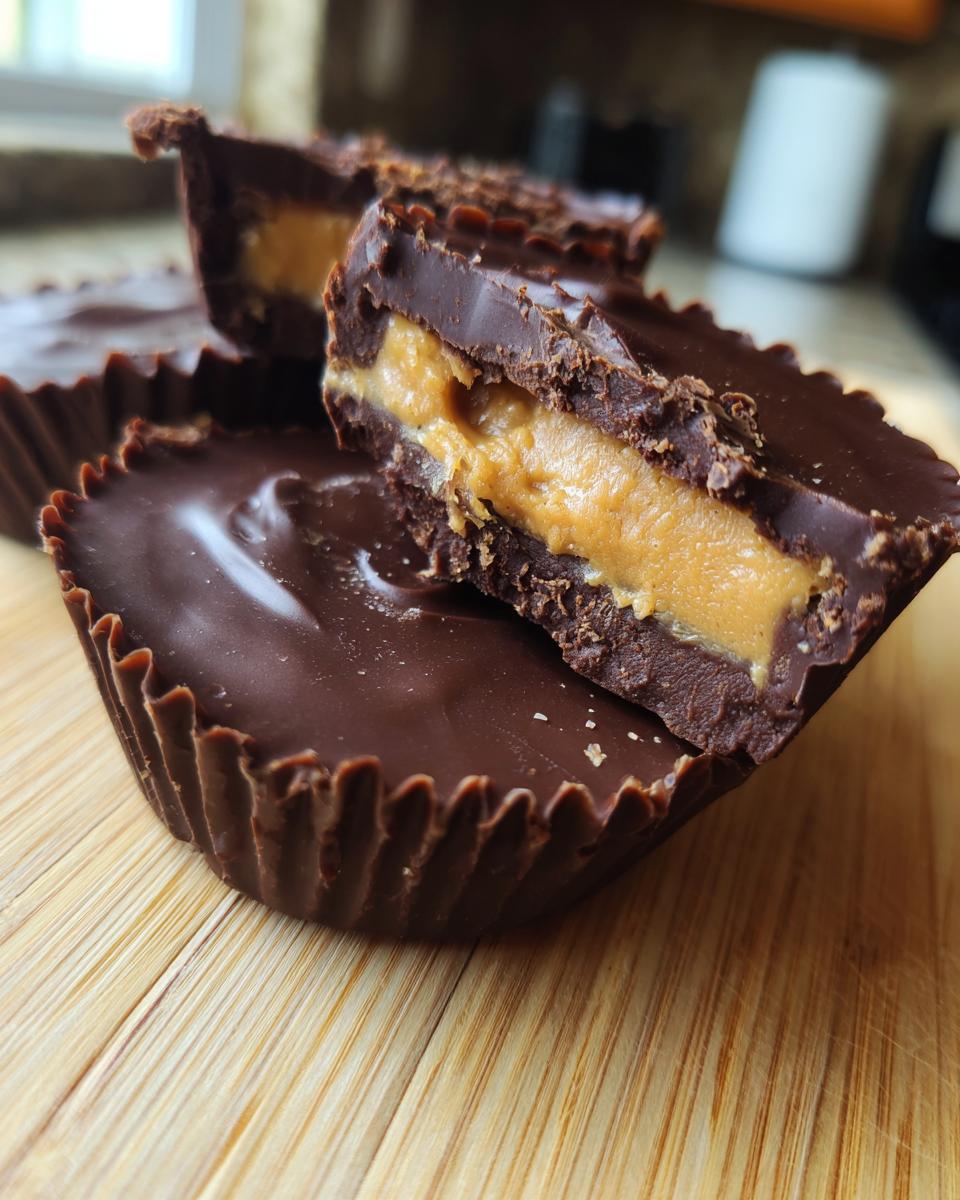 Close-up of homemade peanut butter cups, one cut in half to reveal the rich peanut butter filling and chocolate shell.