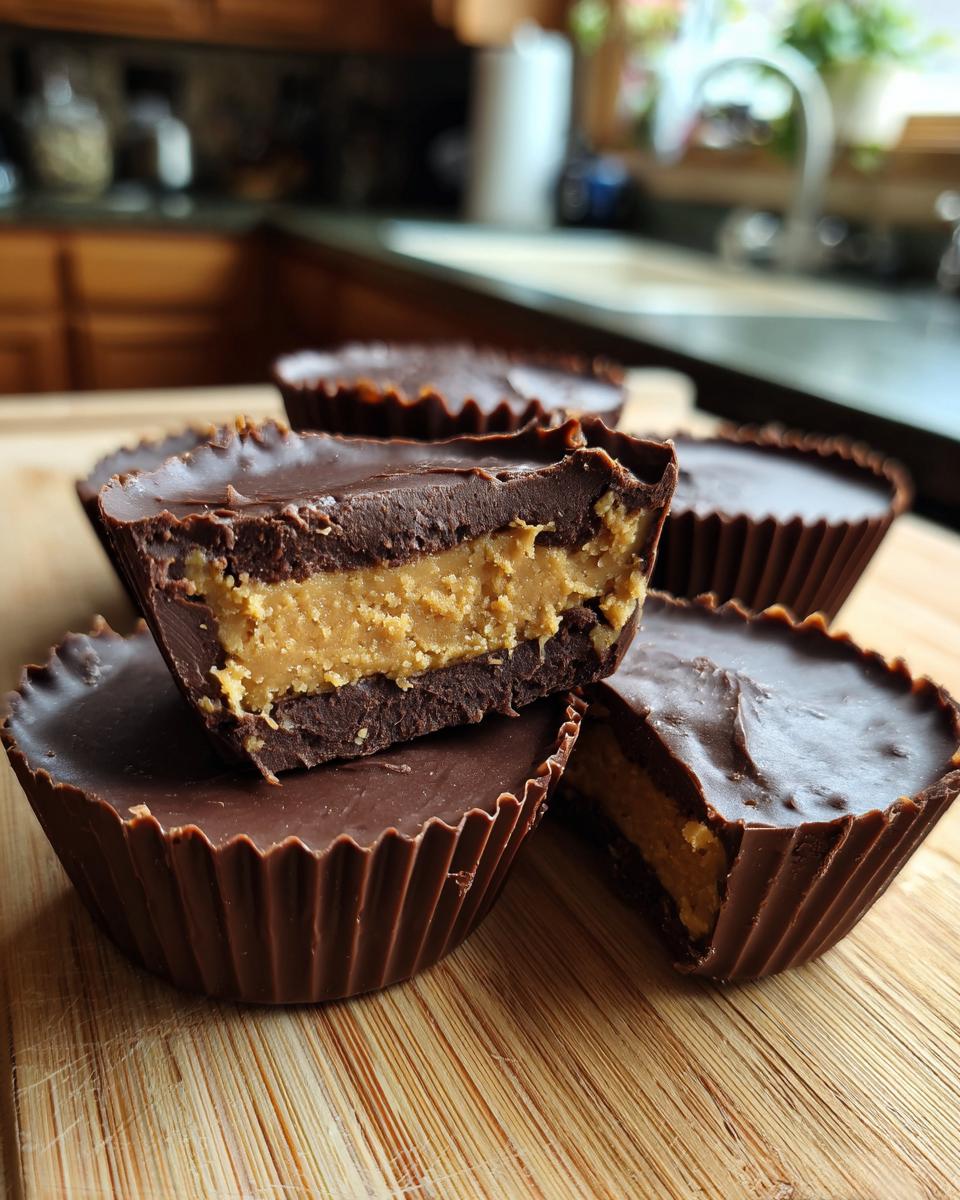 Close-up of homemade peanut butter cups, with one cut in half to show the rich chocolate shell and creamy peanut butter filling.