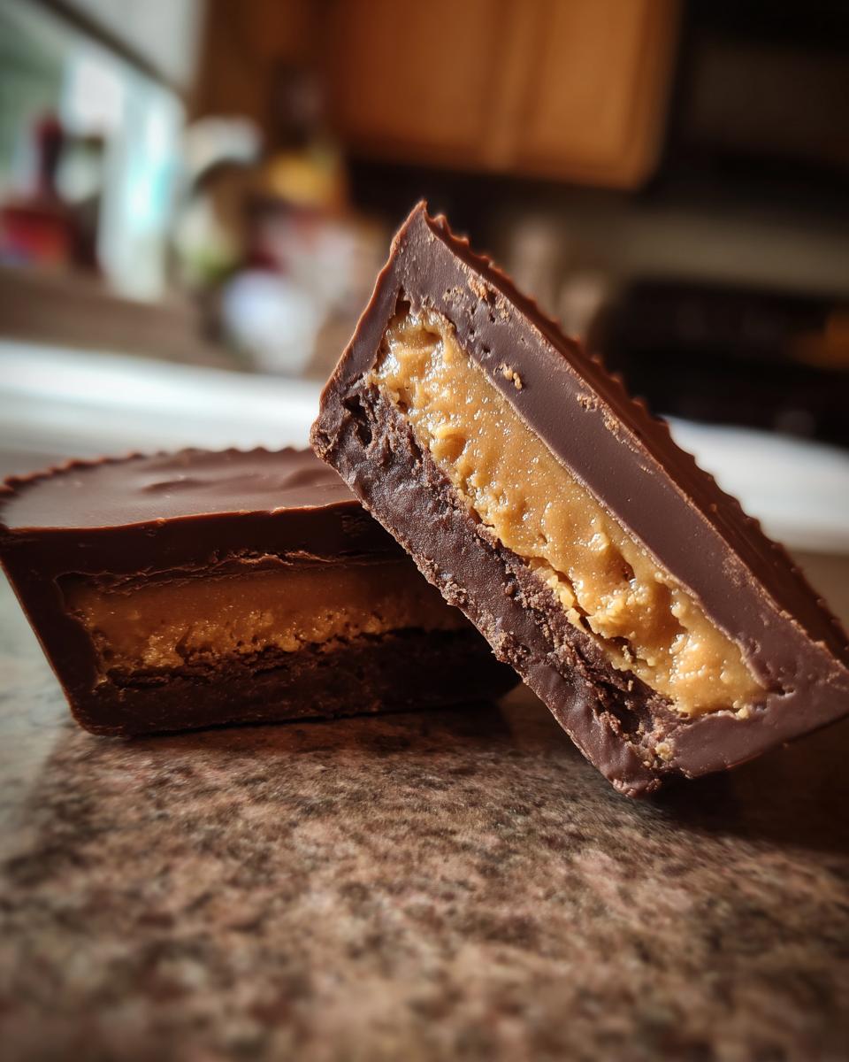 A close-up shot of two homemade peanut butter cups, one cut in half to reveal the rich peanut butter filling.