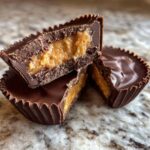 Close-up of two homemade peanut butter cups, one cut in half, revealing the rich peanut butter filling.
