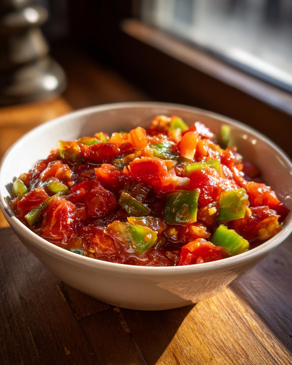A close-up of a bowl filled with chunky, vibrant homemade salsa, featuring tomatoes and green peppers.