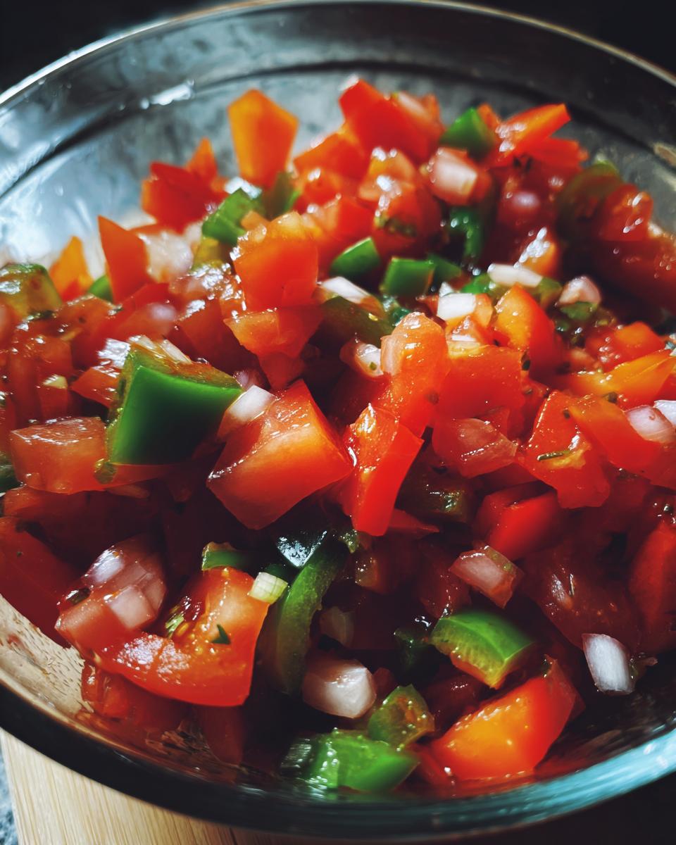 Close-up of vibrant homemade salsa in a glass bowl, featuring chopped tomatoes, green peppers, and onions.