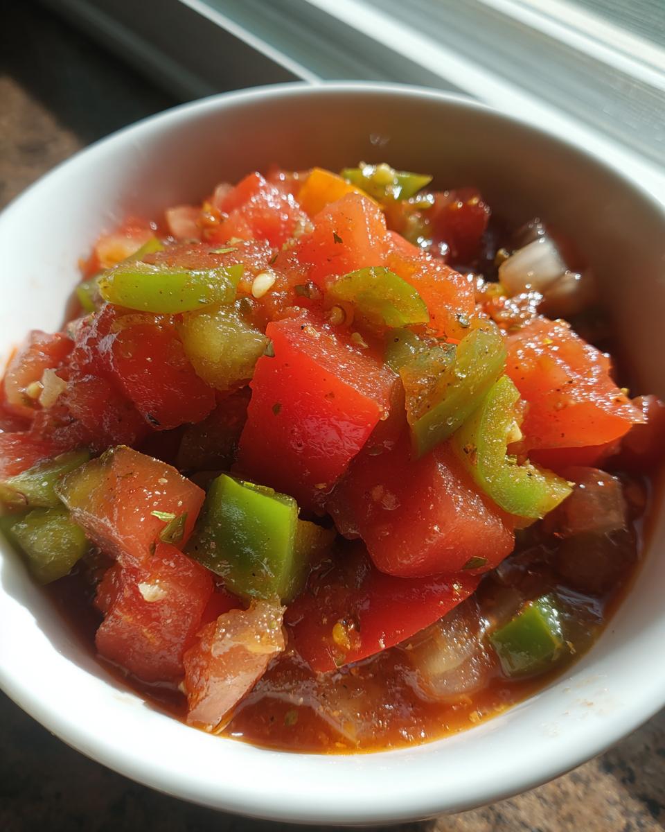 Close-up of fresh homemade salsa in a white bowl, featuring diced tomatoes, green bell peppers, and onions.
