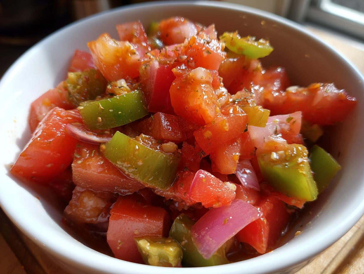Close-up of a white bowl filled with fresh homemade salsa, featuring chopped tomatoes, green peppers, and red onion.