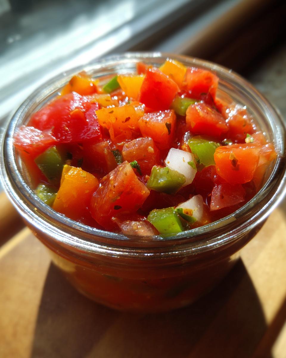 Close-up of fresh homemade salsa in a glass jar, featuring diced tomatoes, green peppers, and onions.