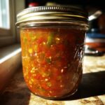 A close-up of a glass jar filled with vibrant homemade tomato salsa, ready for canning.