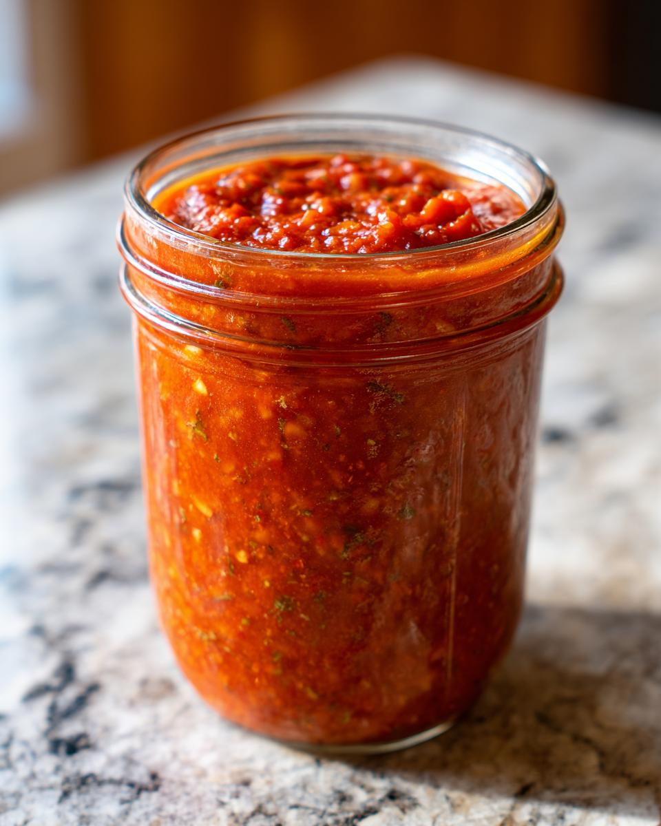 A close-up of a glass jar filled with vibrant, chunky homemade tomato salsa, ready for canning.