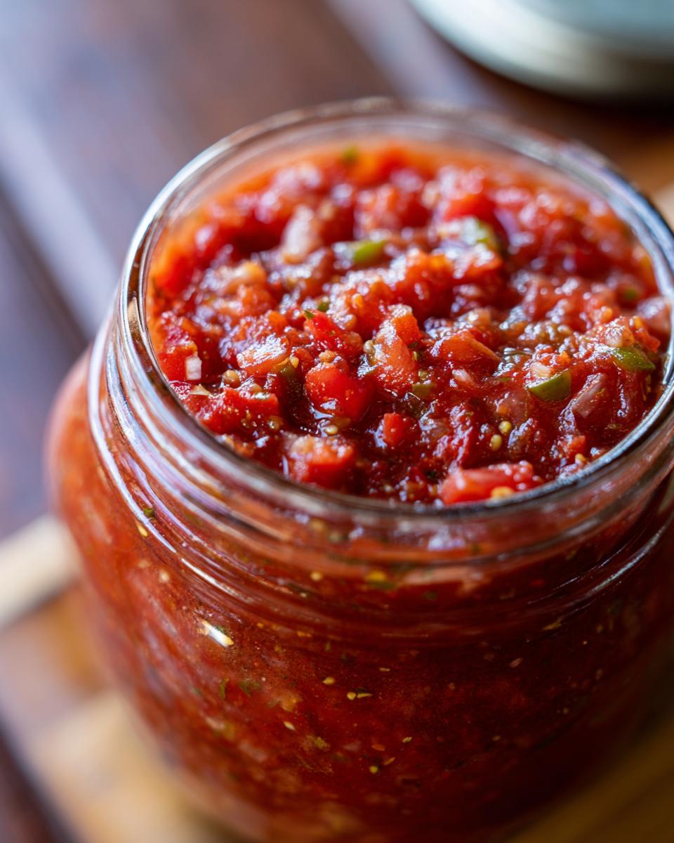 Close-up of a glass jar filled with vibrant homemade tomato salsa, ready for canning.