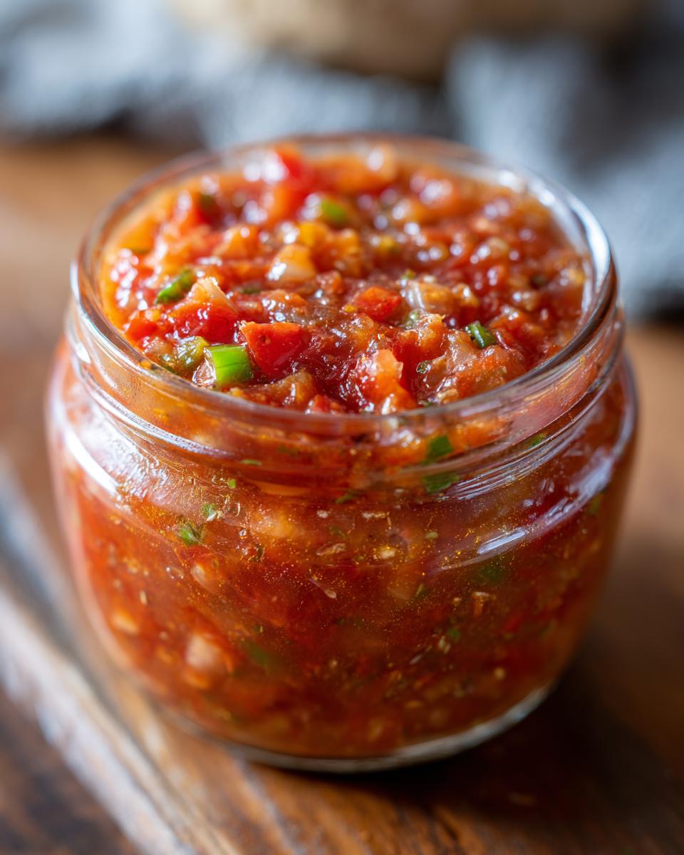 Close-up of a glass jar filled with vibrant homemade tomato salsa, ready for canning.