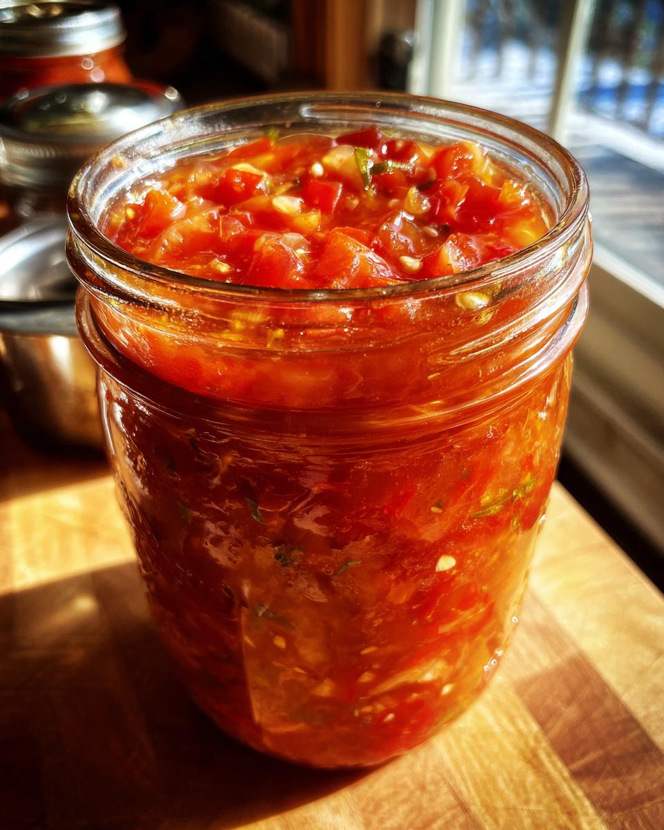 Close-up of a full jar of homemade tomato salsa, ready for canning.