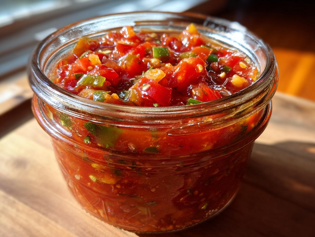 Close-up of a glass jar filled with vibrant homemade tomato salsa, perfect for canning.