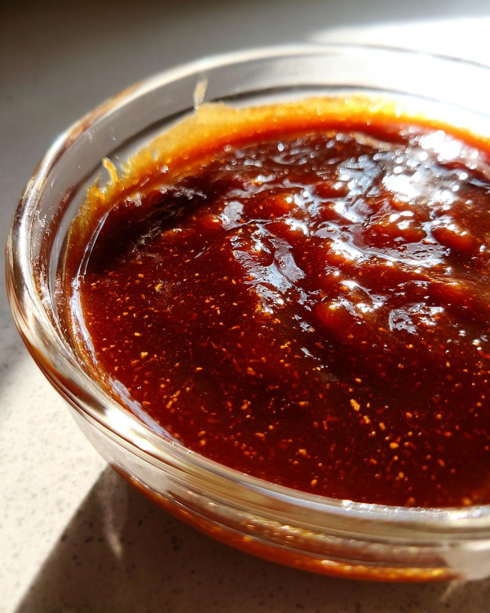 Close-up of rich, glossy honey BBQ sauce in a clear glass bowl, with visible spices.