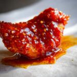 Close-up of a juicy chicken wing coated in glistening honey BBQ sauce with visible spices.
