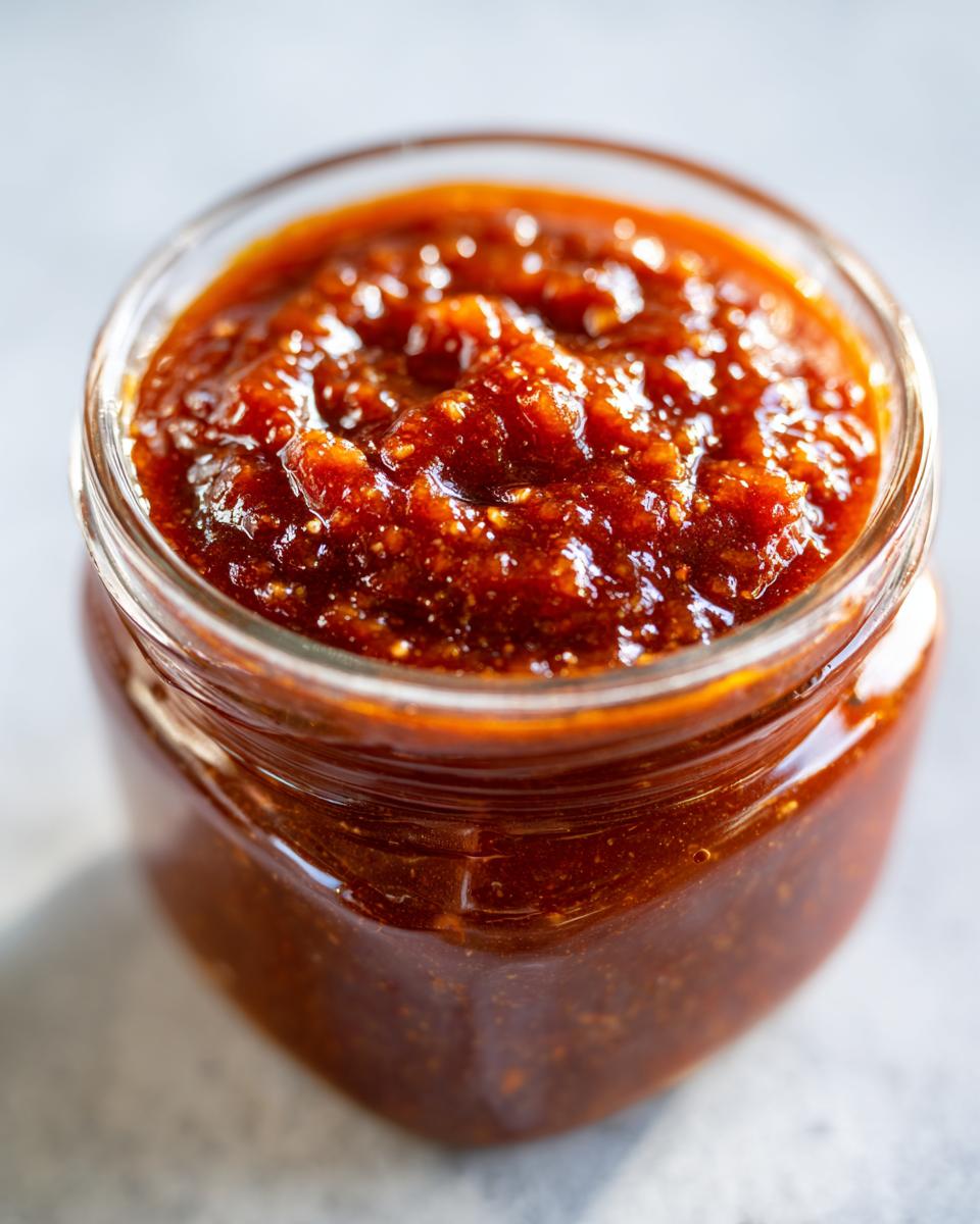 Close-up of a glass jar filled with rich, homemade honey BBQ sauce.