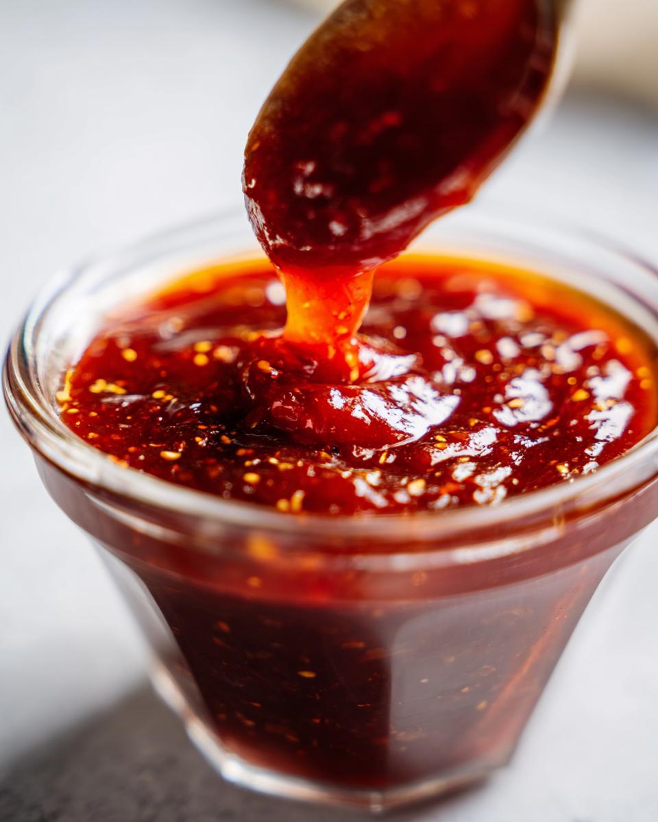A spoonful of thick, glossy honey BBQ sauce being drizzled into a glass jar.