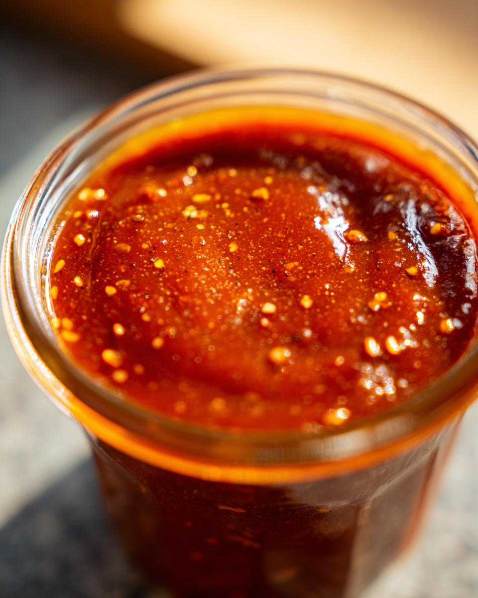 Close-up of a glass jar filled with rich, glossy honey BBQ sauce with visible spices.