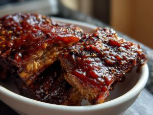 Close-up of tender ribs coated in glistening honey BBQ sauce, with visible spices and seasoning.