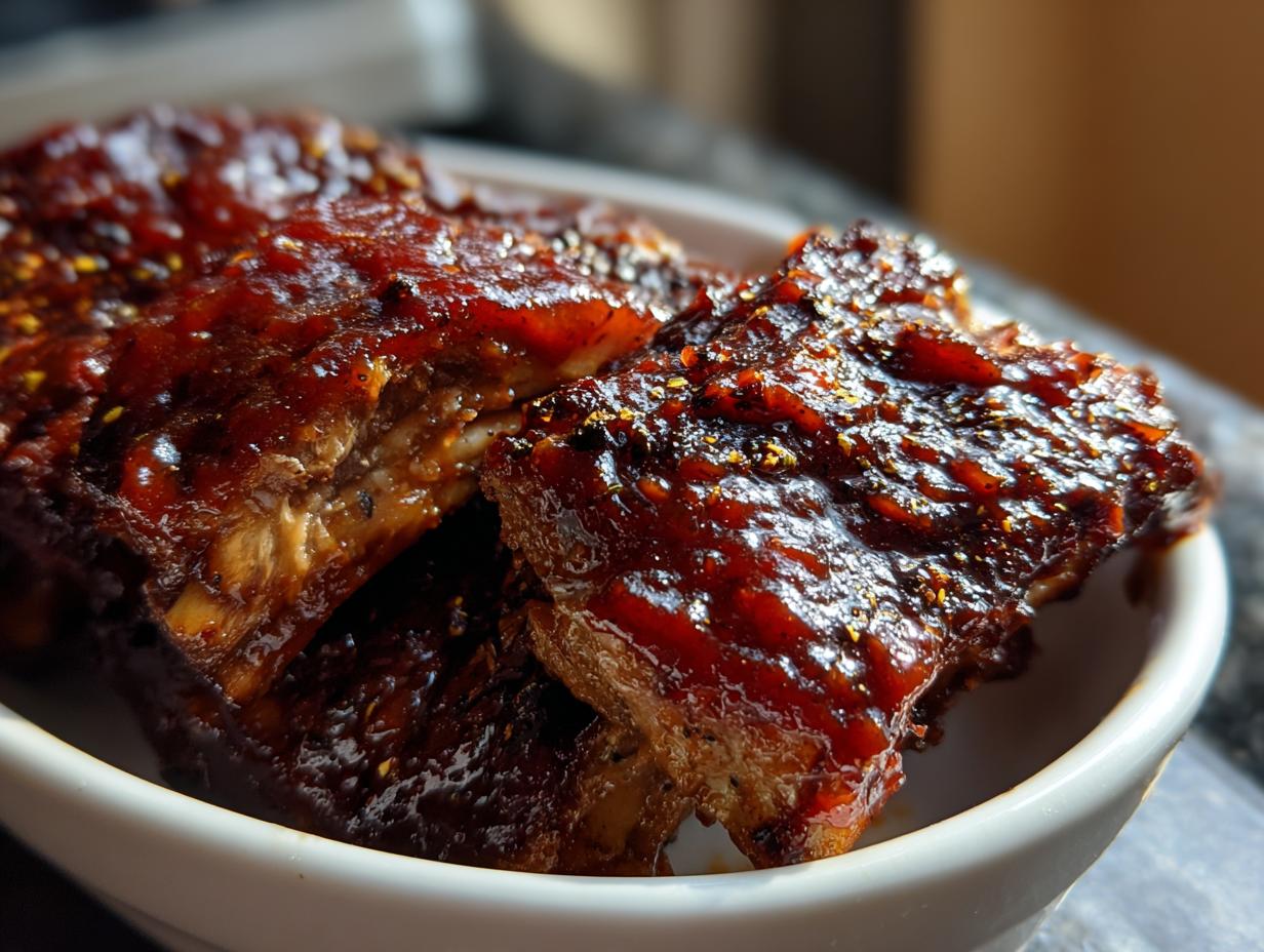 Close-up of tender ribs coated in glistening honey BBQ sauce, with visible spices and seasoning.