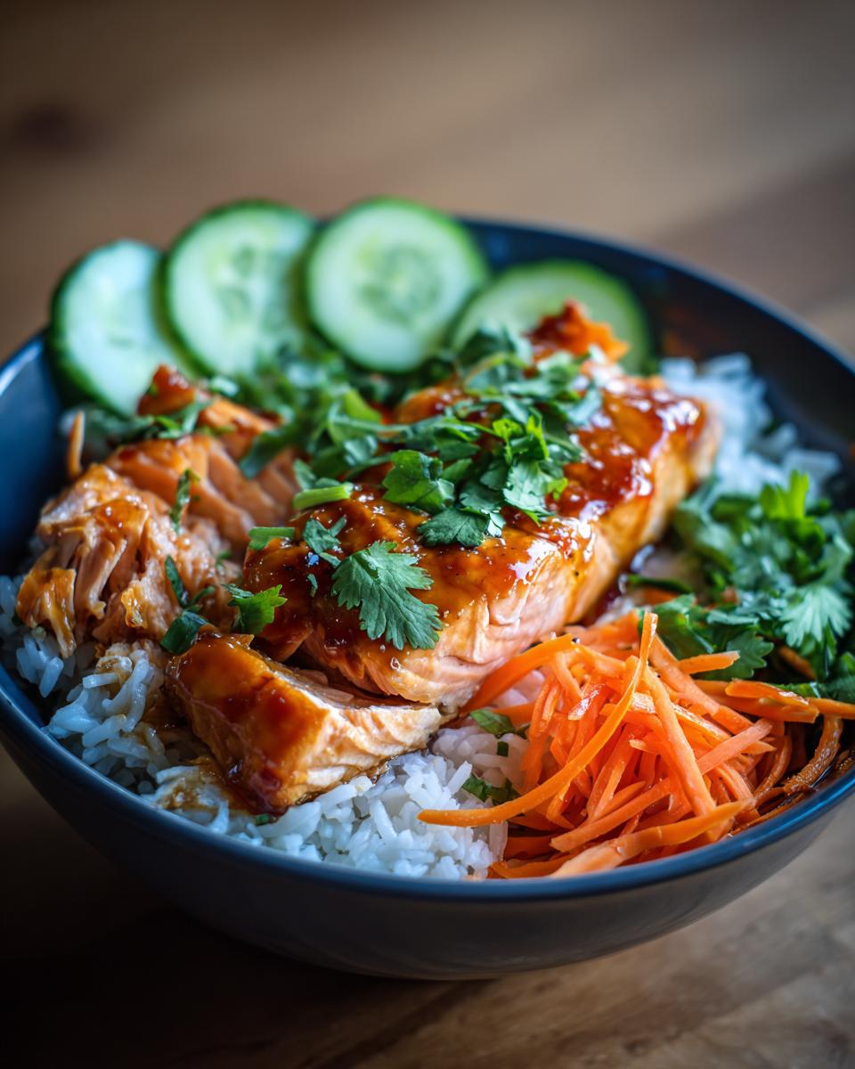 A delicious Honey Sriracha Salmon Bowl with flaky salmon, white rice, shredded carrots, cucumber slices, and fresh cilantro.