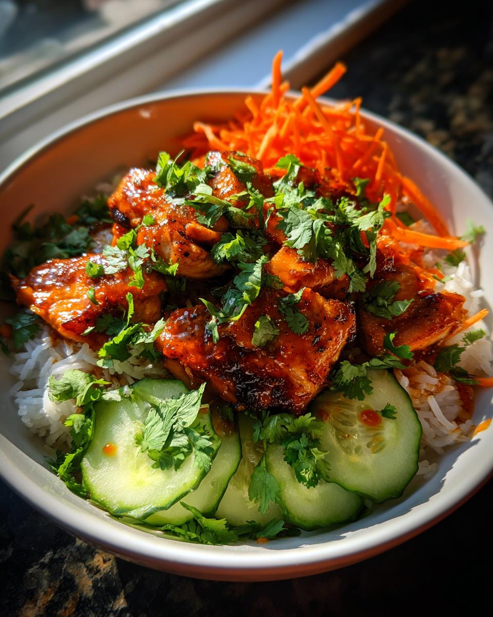 A close-up of a Honey Sriracha Salmon Bowl with glazed salmon pieces, white rice, shredded carrots, sliced cucumbers, and fresh cilantro.