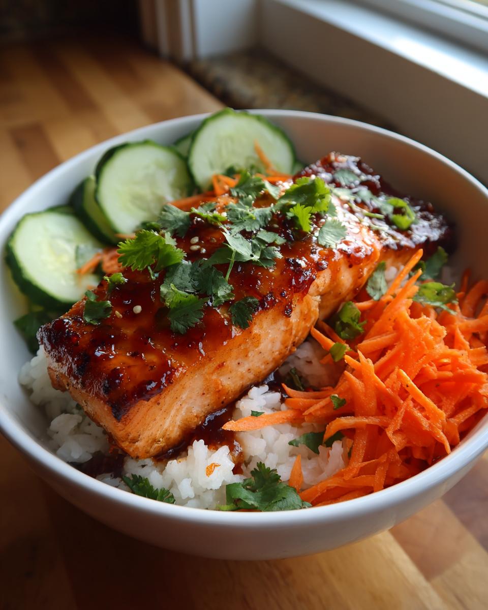 A close-up of a Honey Sriracha Salmon Bowl featuring a glazed salmon fillet over rice, with shredded carrots and cucumber slices.