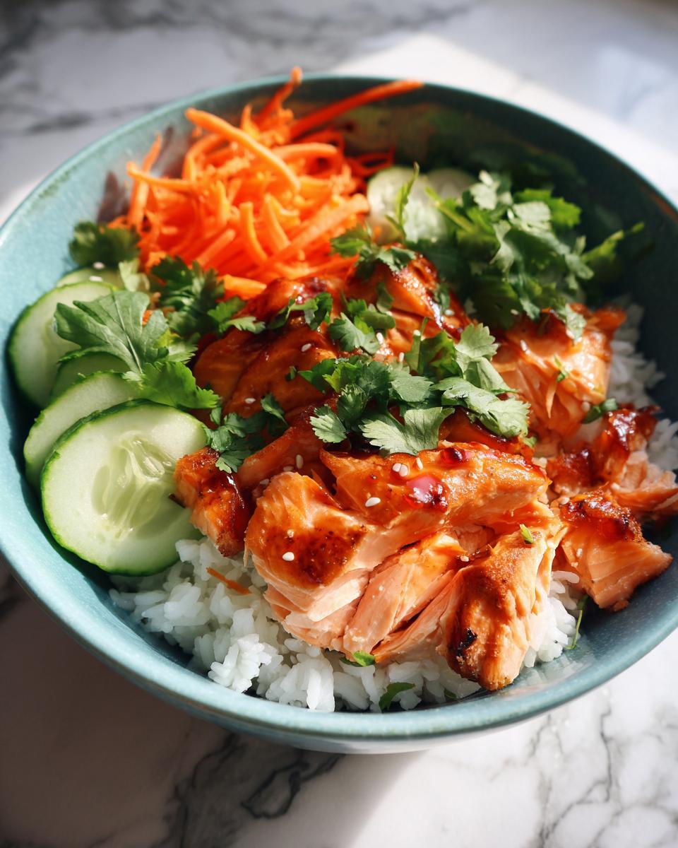 A close-up of a Honey Sriracha Salmon Bowl featuring flaky salmon over rice, topped with shredded carrots, cucumber slices, and cilantro.