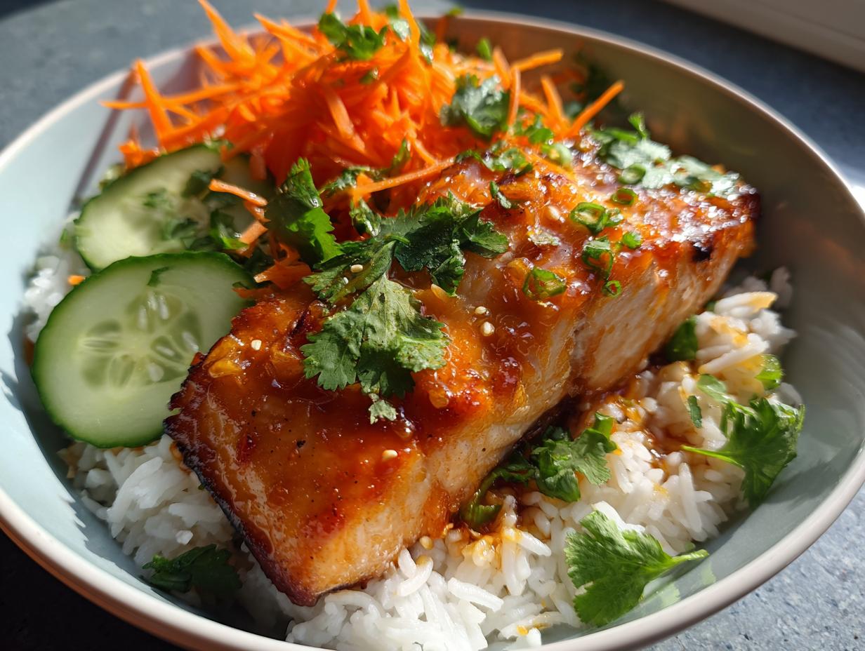 A delicious Honey Sriracha Salmon Bowl featuring a glazed salmon fillet over white rice, topped with shredded carrots, cucumber slices, and fresh cilantro.
