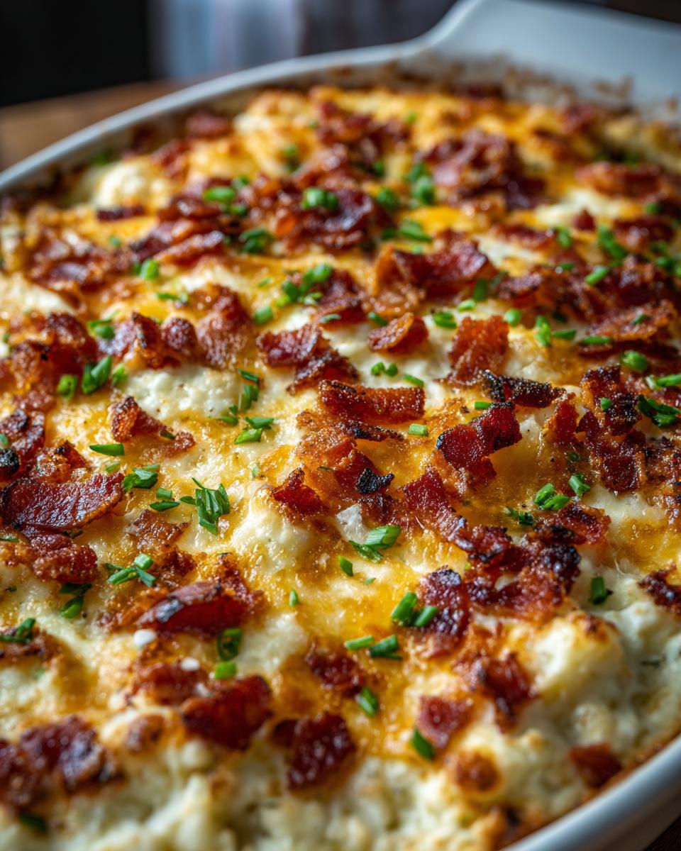Close-up of a bubbling hot Jalapeño Popper Dip topped with crispy bacon and fresh chives.
