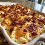 A close-up of a bubbly Jalapeño Popper Dip, topped with melted cheese and crispy bacon bits.
