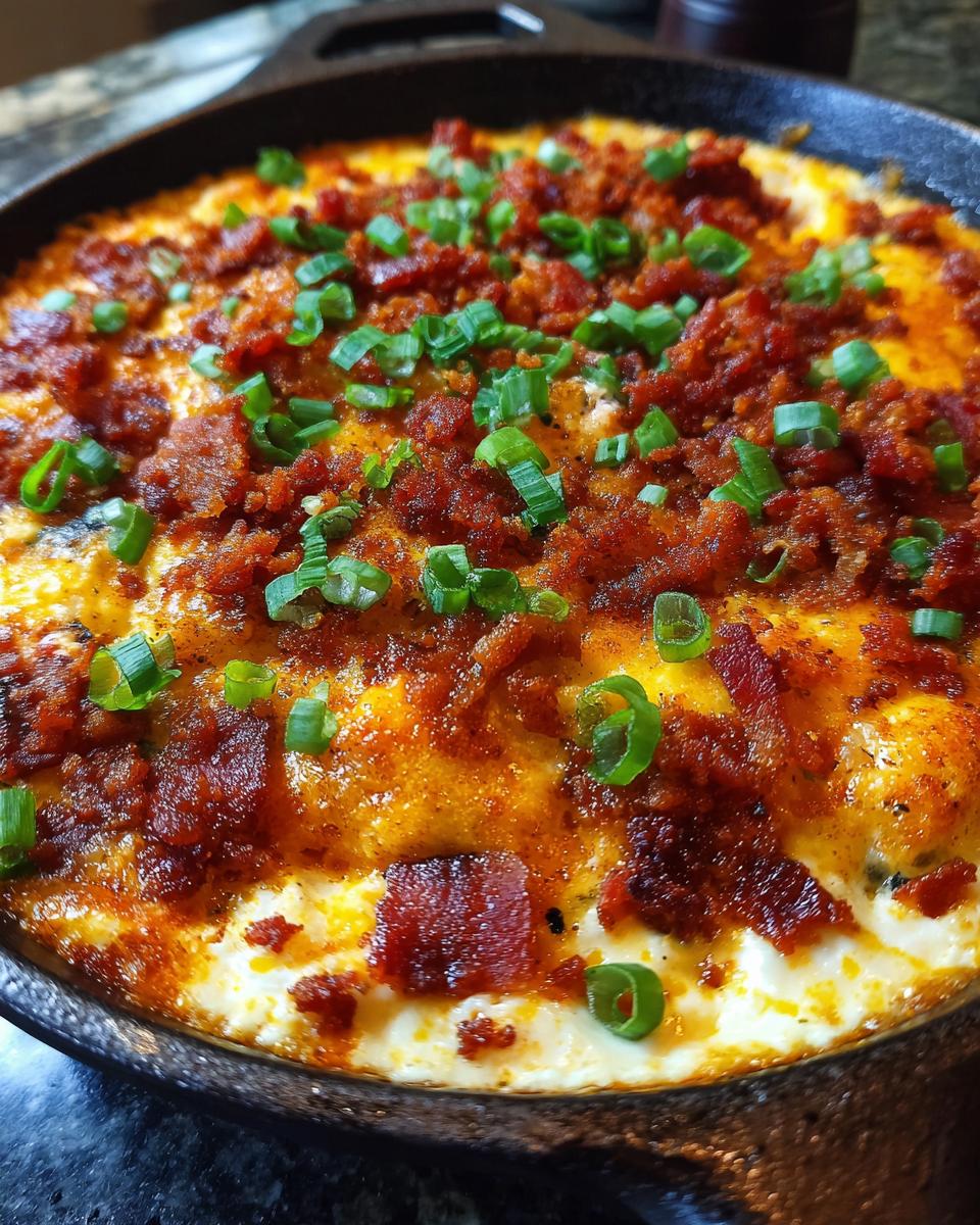 Close-up of a bubbling Jalapeño Popper Dip in a cast iron skillet, topped with crispy bacon and fresh green onions.