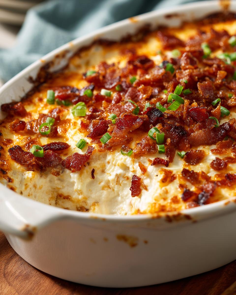 Close-up of a bubbly Jalapeño Popper Dip in a white baking dish, topped with crispy bacon and green onions.