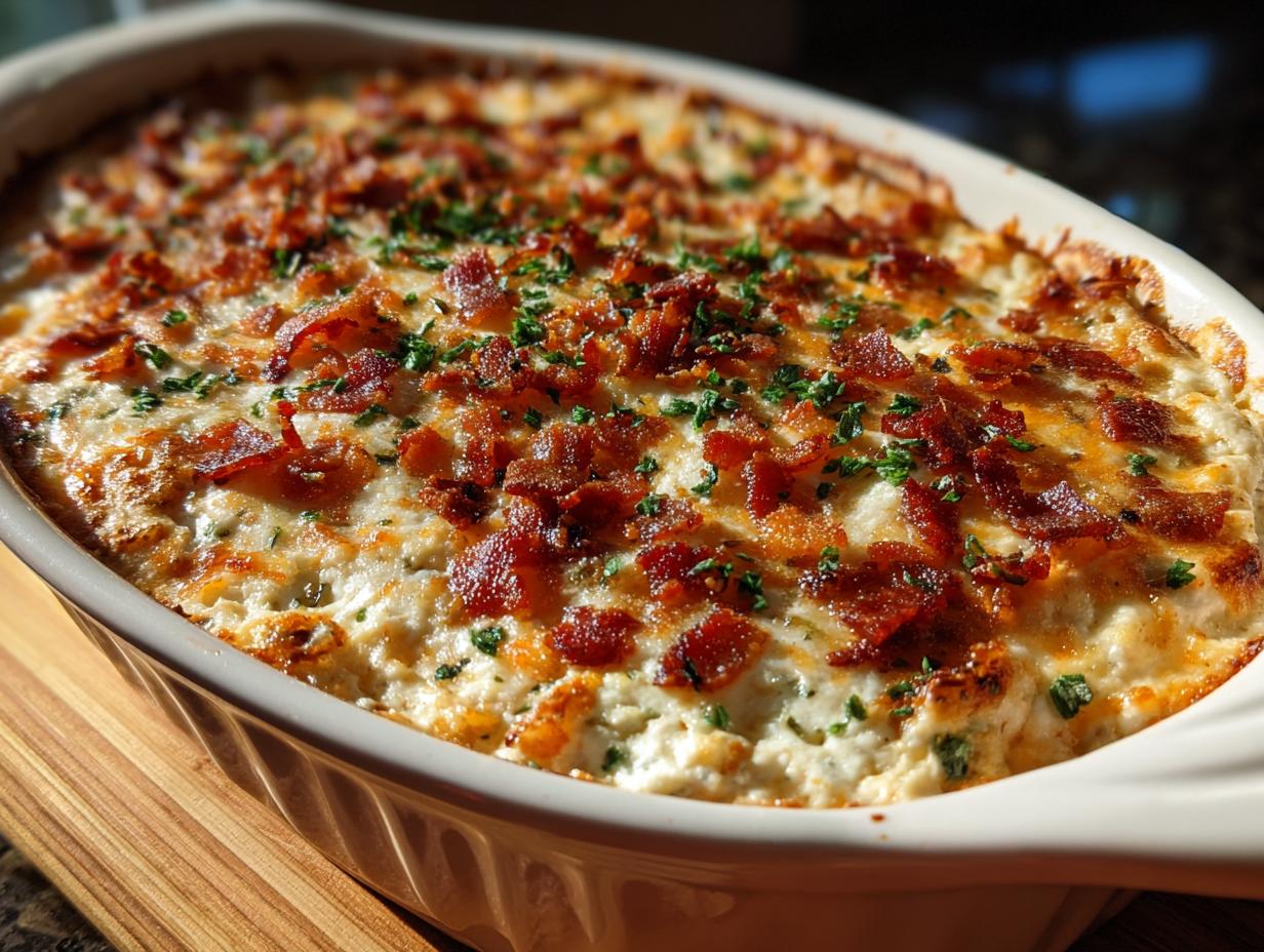 A close-up of a baked Jalapeño Popper Dip in a casserole dish, topped with crispy bacon and fresh parsley.