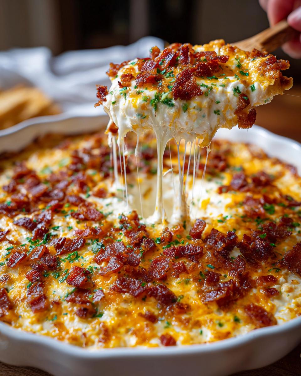 A scoop of cheesy Jalapeño Popper Dip with melted cheese strings, topped with crispy bacon and parsley.