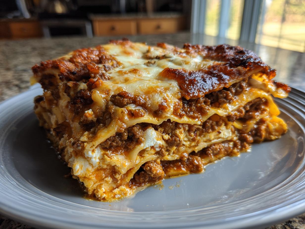 A generous slice of lasagna with cottage cheese, showing layers of pasta, meat sauce, and melted cheese.