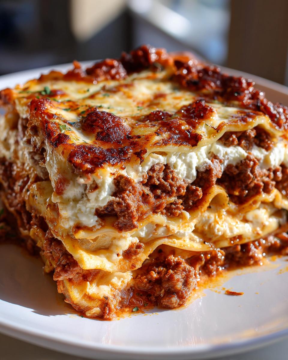 A delicious slice of lasagna with cottage cheese, layered with pasta, meat sauce, and melted cheese.