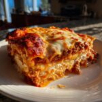 A generous slice of lasagna with cottage cheese, featuring layers of pasta, meat sauce, and melted cheese.