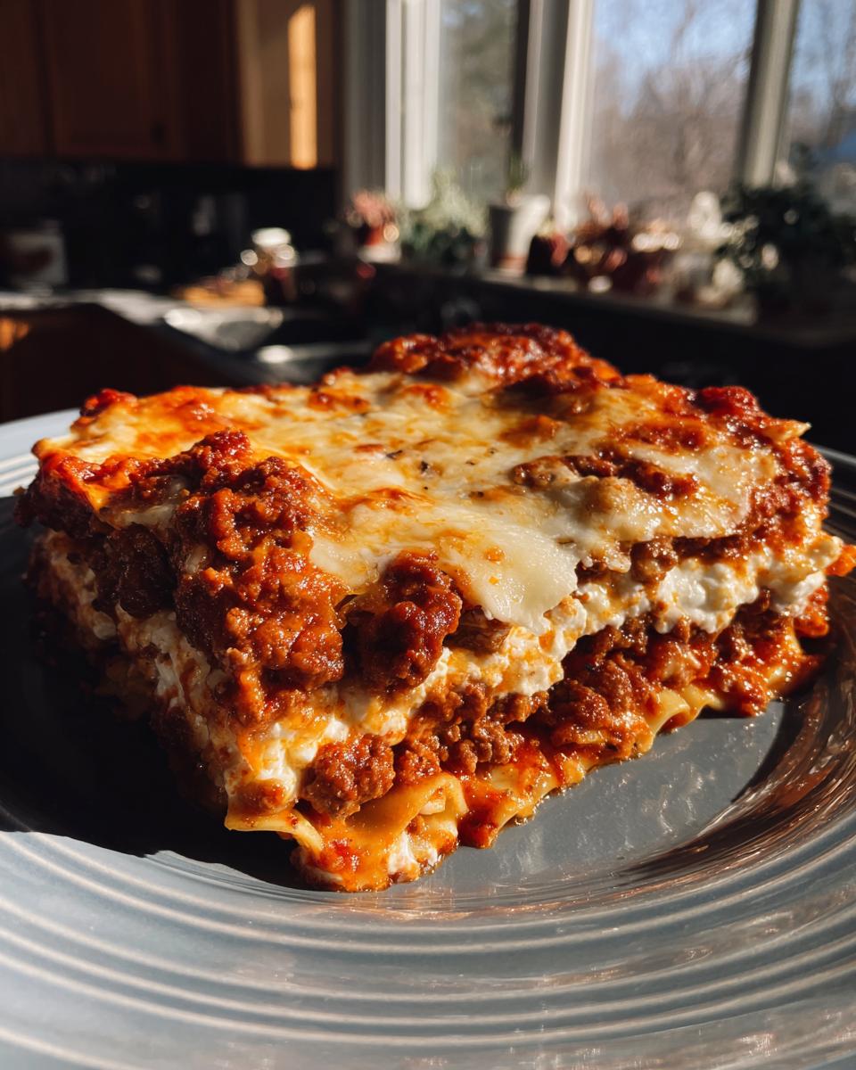 A hearty slice of lasagna with cottage cheese, featuring layers of pasta, rich meat sauce, and melted cheese.