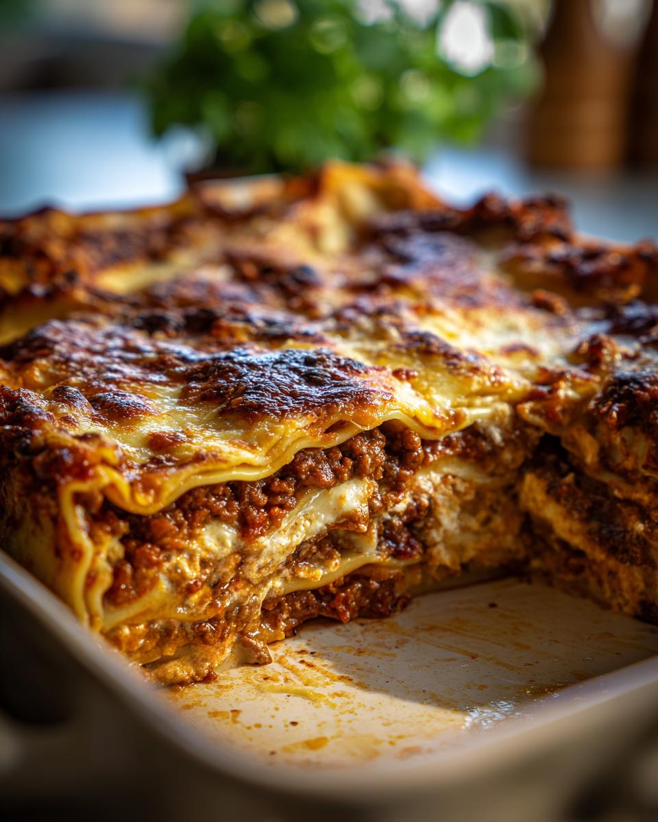 A close-up of a slice of lasagna with cottage cheese, showing layers of pasta, meat sauce, and creamy cheese.